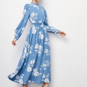 Sky blue maxi dress with a white floral pattern